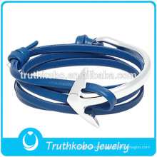 PU Leather with Silver Clap Meaningful Bracelet Stainless Steel Anchor Dark Blue Leather Bangle Two Tone Stainless Steel Jewelry